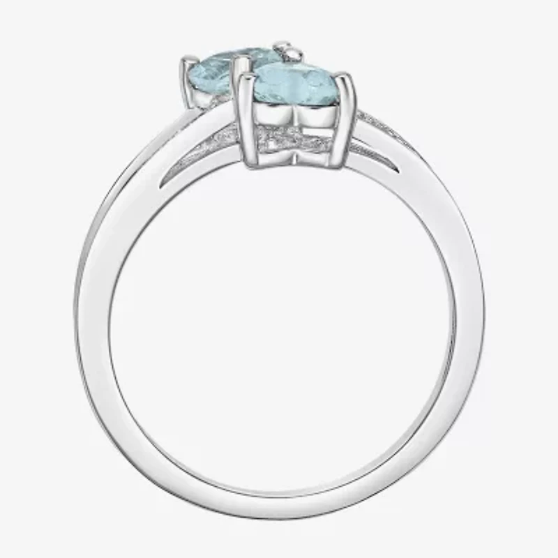 Womens Diamond Accent Lab Created Blue Aquamarine Sterling Silver Side Stone Cocktail Ring
