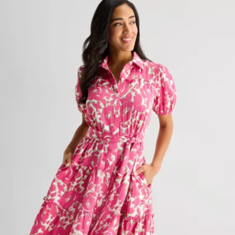 Danny & Nicole Womens Short Sleeve Beaded Floral Midi Fit + Flare Dress