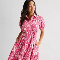 Danny & Nicole Womens Short Sleeve Beaded Floral Midi Fit + Flare Dress