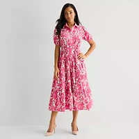 Danny & Nicole Womens Short Sleeve Beaded Floral Midi Fit + Flare Dress