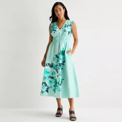 Melonie T Womens Sleeveless Floral Midi Fit + Flare Dress
