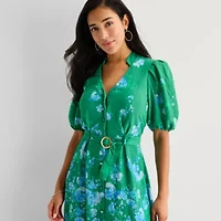 Danny & Nicole Womens Belted Short Sleeve Midi Floral Shirt Dress