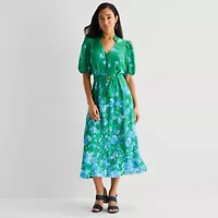Danny & Nicole Womens Belted Short Sleeve Midi Floral Shirt Dress