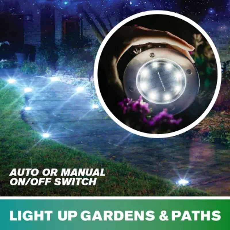 Bell + Howell 8 LED Super Bright Solar Powered Swivel Disk Light Auto On/Off, Weatherproof Rust-Free 4 Pk