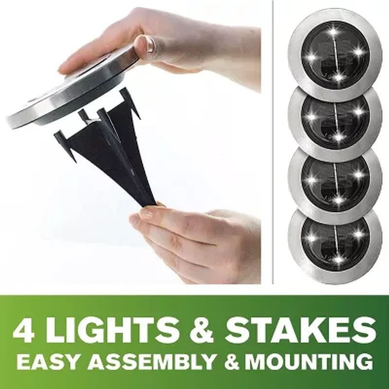 Bell + Howell Solar Powered Outdoor Disk Lights with Auto On/Off Lighting and Weatherproof Rust-Free - 4 Pack