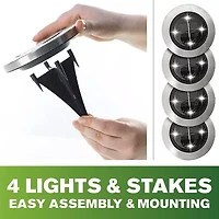 Bell + Howell Solar Powered Outdoor Disk Lights with Auto On/Off Lighting and Weatherproof Rust-Free - 4 Pack