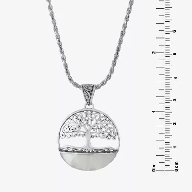 Tree Of Life Womens White Mother Of Pearl Sterling Silver Round 16 Inch Pendant Necklace
