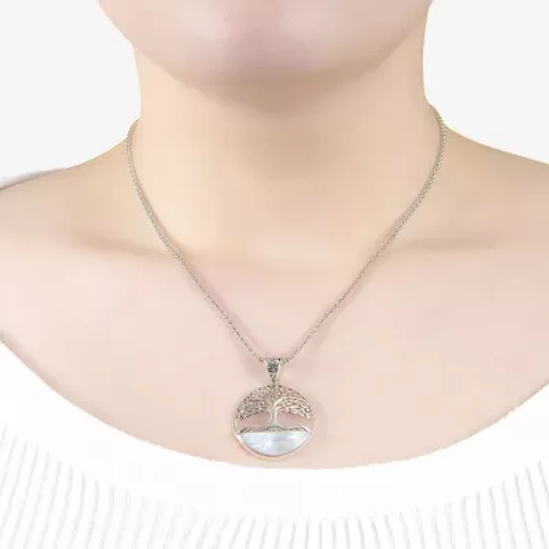 Tree Of Life Womens White Mother Of Pearl Sterling Silver Round 16 Inch Pendant Necklace