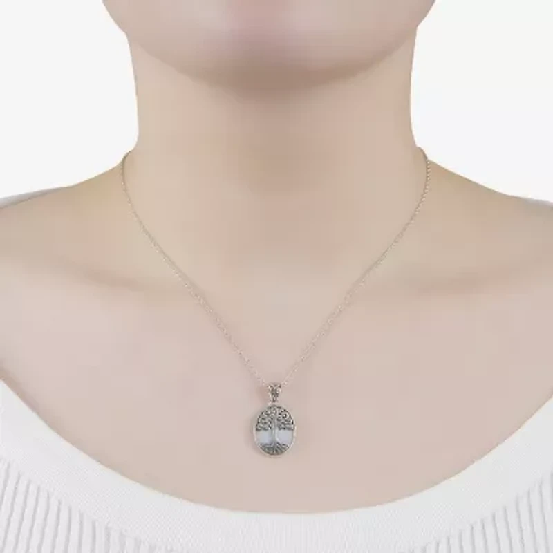 Tree Of Life Womens White Mother Of Pearl Sterling Silver 16 Inch Pendant Necklace