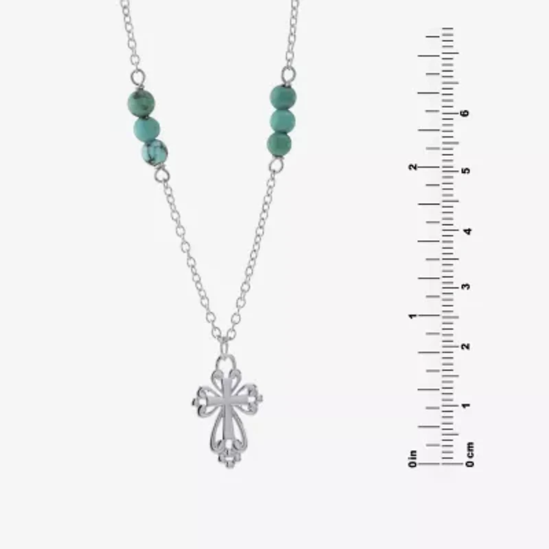 Womens Enhanced Blue Turquoise Sterling Silver Cross Round 16 Inch Pendant Necklace