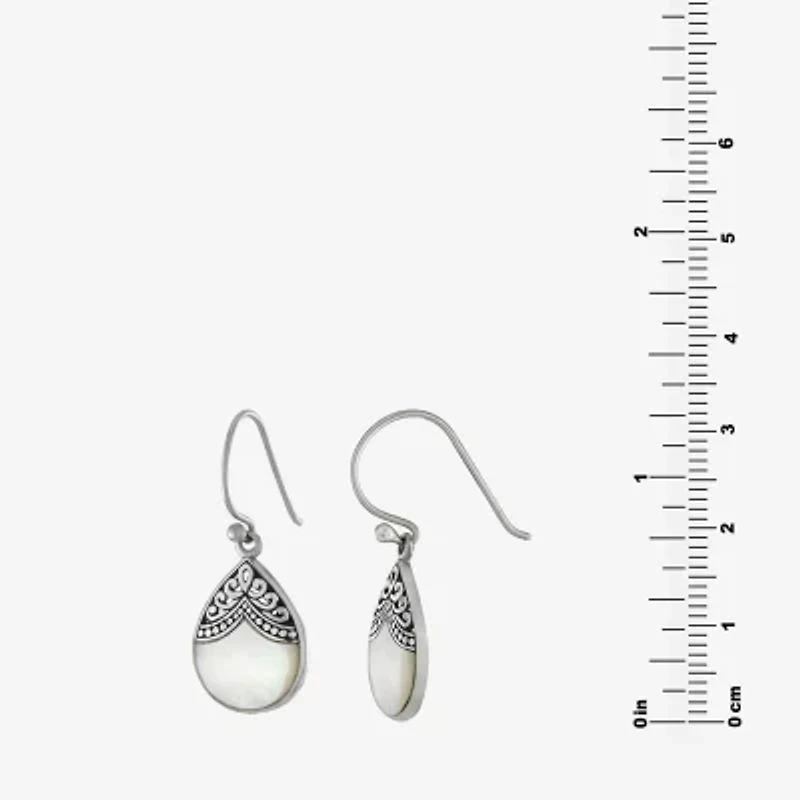Bali Inspired Womens Genuine White Mother Of Pearl Sterling Silver Drop Earrings