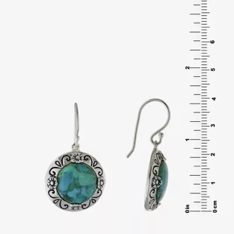 Womens Enhanced Blue Turquoise Sterling Silver Round Drop Earrings