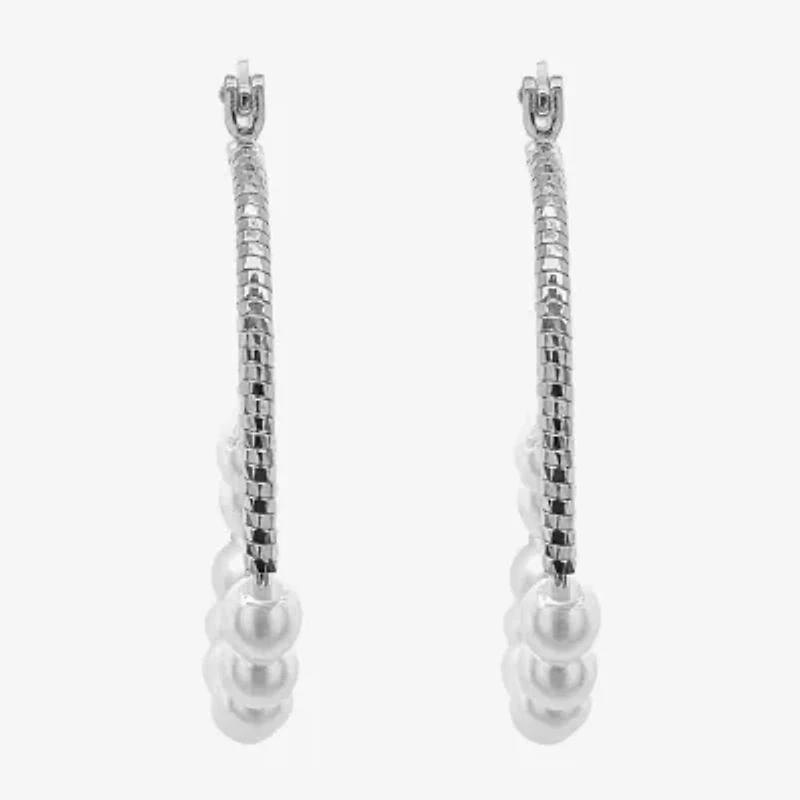 Sparkle Allure Double Row Womens White Simulated Pearl 35mm Hypoallergenic Hoop Earrings