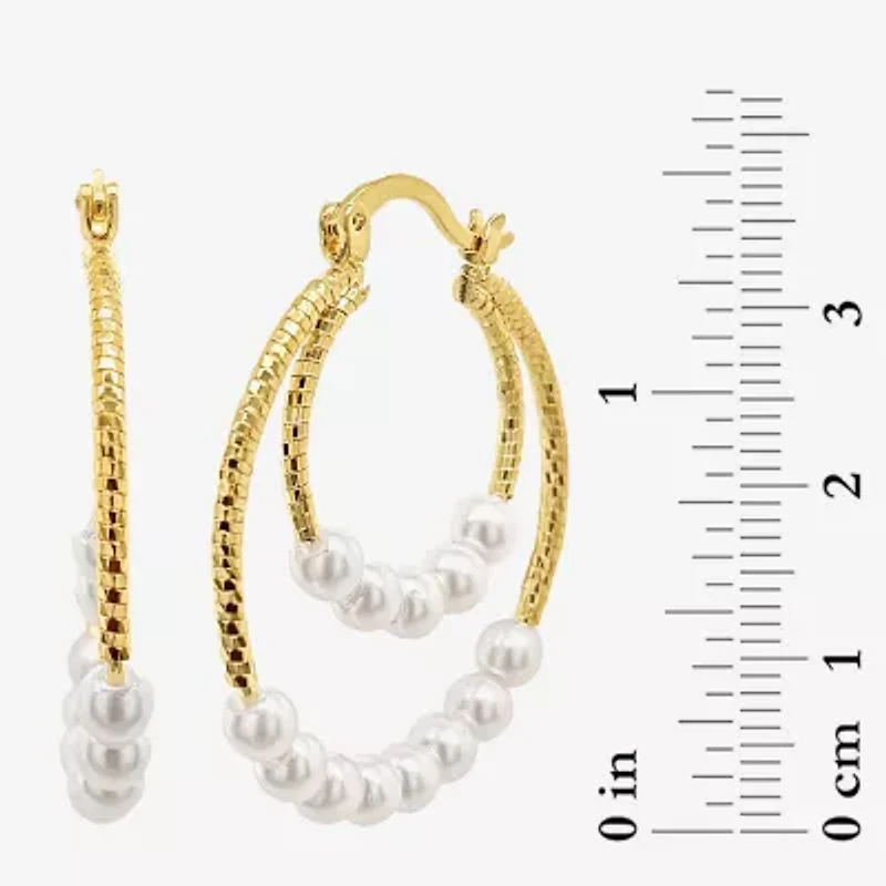 Sparkle Allure Double Row Womens White Simulated Pearl 14K Gold Over Brass 35mm Hypoallergenic Hoop Earrings