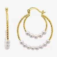 Sparkle Allure Double Row Womens White Simulated Pearl 14K Gold Over Brass 35mm Hypoallergenic Hoop Earrings