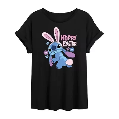 Womens Scoop Neck Short Sleeve Oversized Lilo & Stitch Juniors Graphic T-Shirt