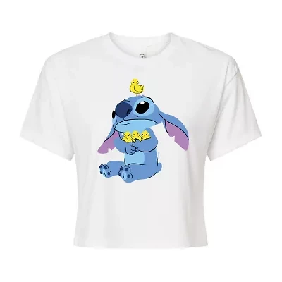 Cropped Womens Crew Neck Short Sleeve Boxy Fit Lilo & Stitch Juniors Graphic T-Shirt