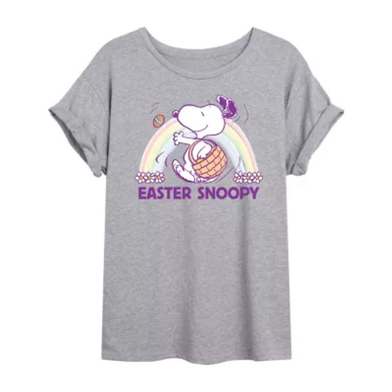 Womens Juniors Scoop Neck Short Sleeve Oversized Peanuts Snoopy Graphic T-Shirt