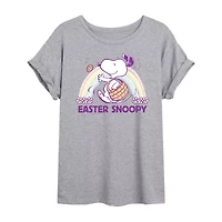 Womens Juniors Scoop Neck Short Sleeve Oversized Peanuts Snoopy Graphic T-Shirt