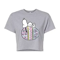 Easter Egg Cropped Womens Crew Neck Short Sleeve Boxy Fit Peanuts Snoopy Juniors Graphic T-Shirt