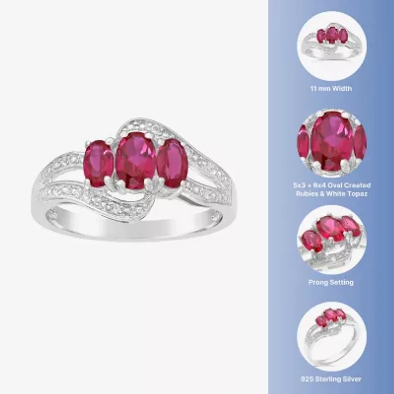 Womens Diamond Accent Lab Created Red Ruby Sterling Silver 3-Stone Side Stone Cocktail Ring