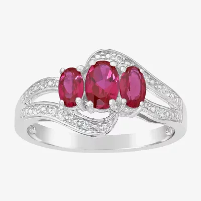 Womens Diamond Accent Lab Created Red Ruby Sterling Silver 3-Stone Side Stone Cocktail Ring