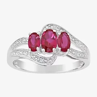 Womens Diamond Accent Lab Created Red Ruby Sterling Silver 3-Stone Side Stone Cocktail Ring