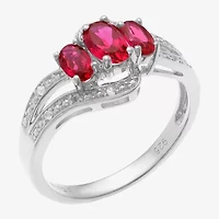 Womens Diamond Accent Lab Created Red Ruby Sterling Silver 3-Stone Side Stone Cocktail Ring