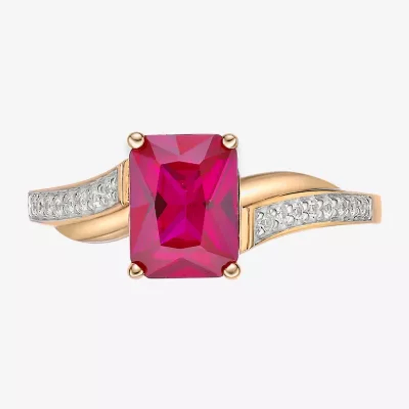 Womens Diamond Accent Lab Created Red Ruby 18K Gold Over Silver Side Stone Cocktail Ring