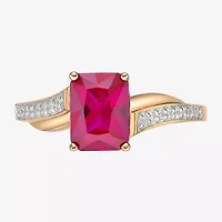 Womens Diamond Accent Lab Created Red Ruby 18K Gold Over Silver Side Stone Cocktail Ring