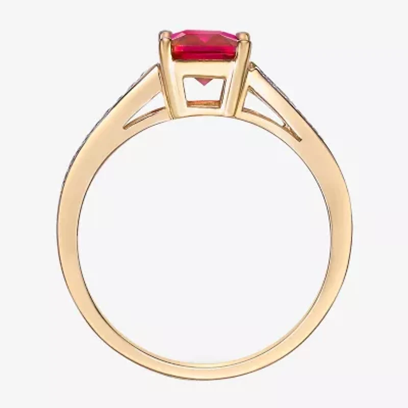 Womens Diamond Accent Lab Created Red Ruby 18K Gold Over Silver Side Stone Cocktail Ring