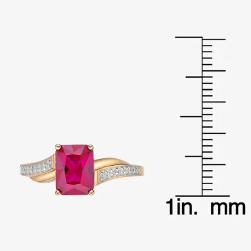 Womens Diamond Accent Lab Created Red Ruby 18K Gold Over Silver Side Stone Cocktail Ring