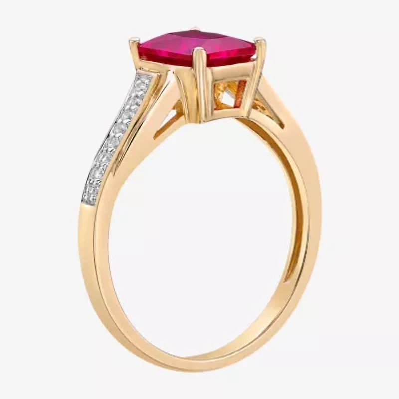 Womens Diamond Accent Lab Created Red Ruby 18K Gold Over Silver Side Stone Cocktail Ring