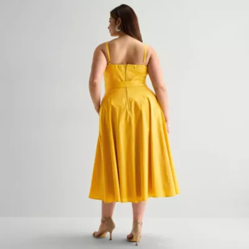 Premier Amour Womens Plus Midi V Neck Sleeveless Fit + Flare Dress
