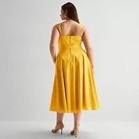 Premier Amour Womens Plus Midi V Neck Sleeveless Fit + Flare Dress