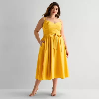 Premier Amour Womens Plus Midi V Neck Sleeveless Fit + Flare Dress