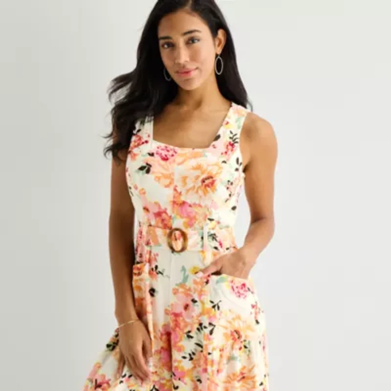 Melonie T Womens Square Neck Sleeveless Belted Jumpsuit