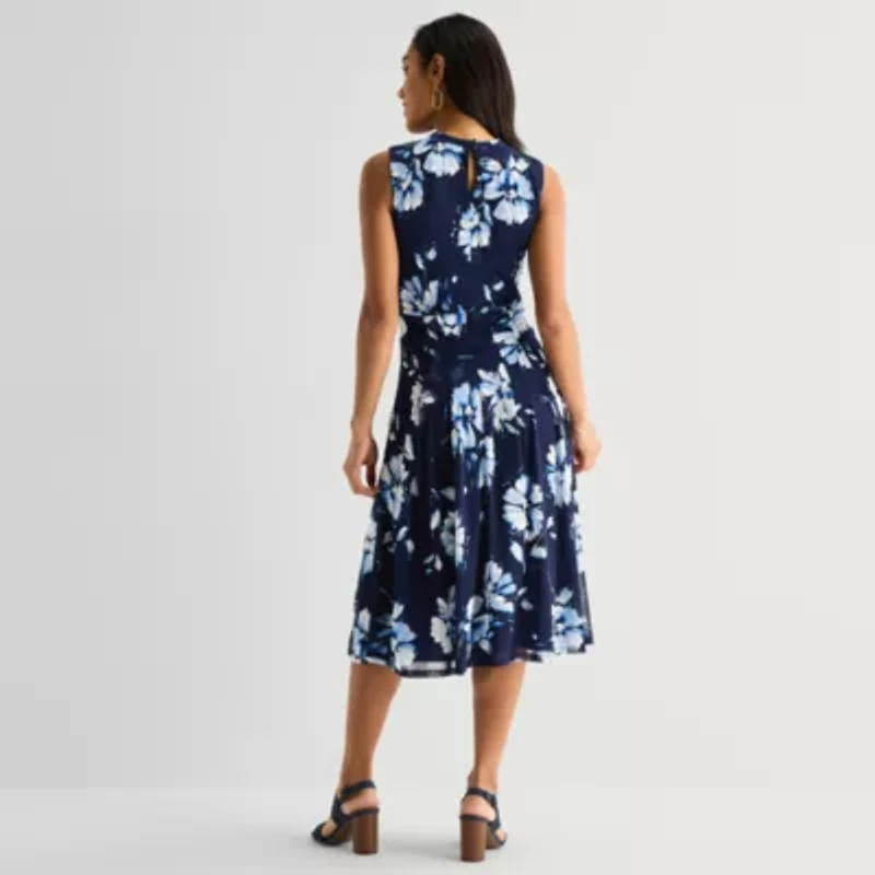 Perceptions Womens Midi Round Neck Sleeveless Floral Fit + Flare Dress