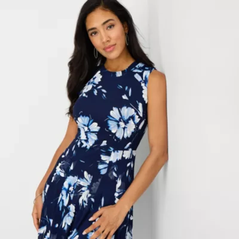 Perceptions Womens Midi Round Neck Sleeveless Floral Fit + Flare Dress