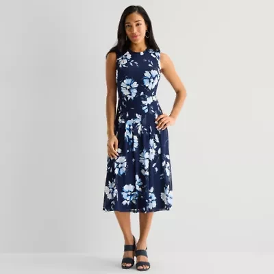 Perceptions Womens Midi Round Neck Sleeveless Floral Fit + Flare Dress