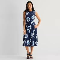 Perceptions Womens Midi Round Neck Sleeveless Floral Fit + Flare Dress
