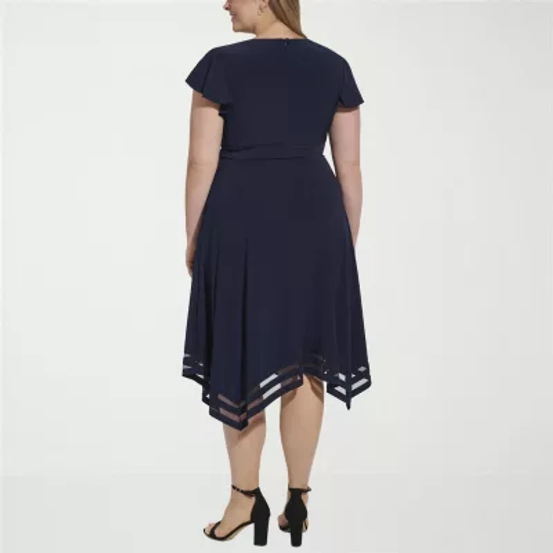 Jessica Howard Womens Plus High-Low Boat Neck Short Sleeve Flutter Fit + Flare Dress