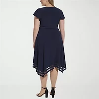 Jessica Howard Womens Plus High-Low Boat Neck Short Sleeve Flutter Fit + Flare Dress