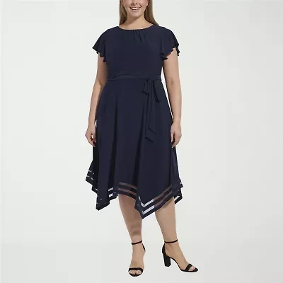 Jessica Howard Womens Plus High-Low Boat Neck Short Sleeve Flutter Fit + Flare Dress
