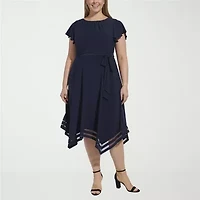 Jessica Howard Womens Plus High-Low Boat Neck Short Sleeve Flutter Fit + Flare Dress