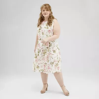Jessica Howard Womens Plus Sleeveless Floral Midi Fit + Flare Dress