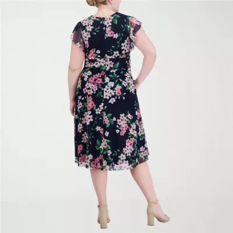 Jessica Howard Womens Plus Short Sleeve Floral Midi Fit + Flare Dress