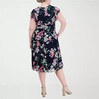 Jessica Howard Womens Plus Short Sleeve Floral Midi Fit + Flare Dress