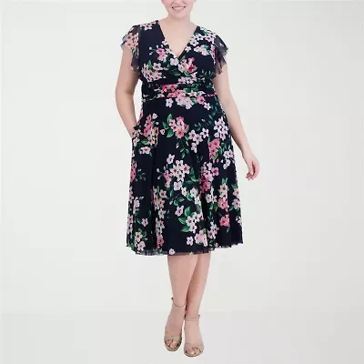 Jessica Howard Womens Plus Short Sleeve Floral Midi Fit + Flare Dress