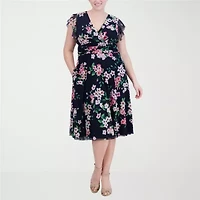 Jessica Howard Womens Plus Short Sleeve Floral Midi Fit + Flare Dress